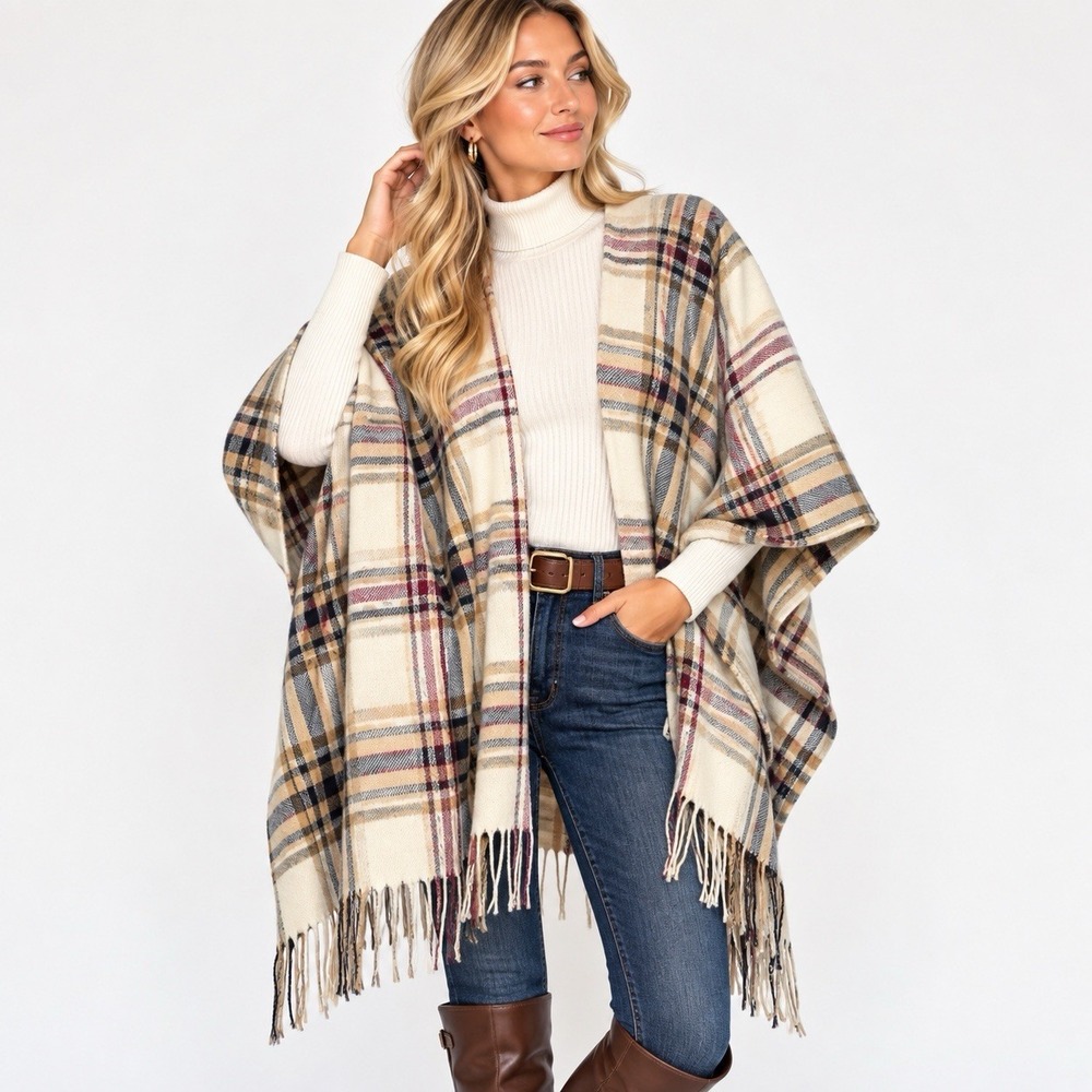 Woolrich Plaid Ruana Wrap One Size Fringe Blanket Shawl Cream Tan Preppy Cozy